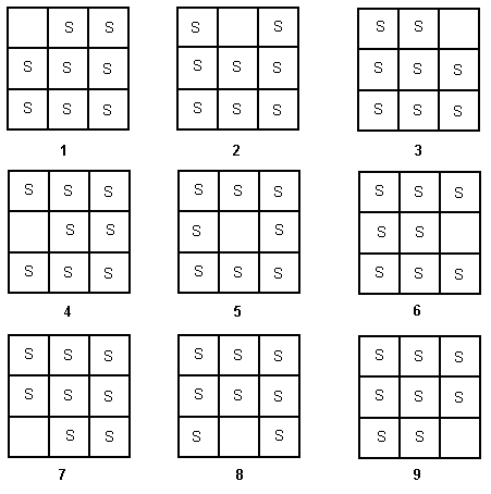9-square crates, all with one free space. In each new solution, the free space is moved one position to the right (starting from the top left corner).