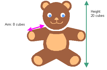 A teddy bear with an arm length of 8 cubes and a height of 20 cubes.