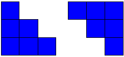 A triangular number (6) represented as a staircase of squares, with 3 squares on the bottom, two in the middle, and one on the top. Two of these triangular representations will create a square when rotated and translated.