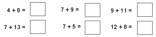 Six addition questions: 4 + 8, 7 + 9, 9 + 11, 7 + 13, 7 + 5, and 12 + 8.