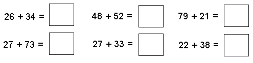 Six addition questions: 26 + 34, 48 + 52, 79 + 21, 27 + 73, 27 + 33, and 22 + 38.