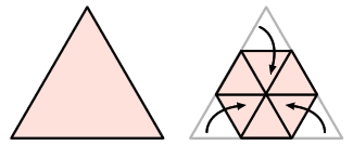 The corners of an equilateral triangle are folded in to meet at the centre of the shape. This creates a regular hexagon.