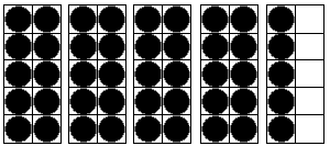 This image shows four tens frames, three with 10 dots, and one with 5 dots.