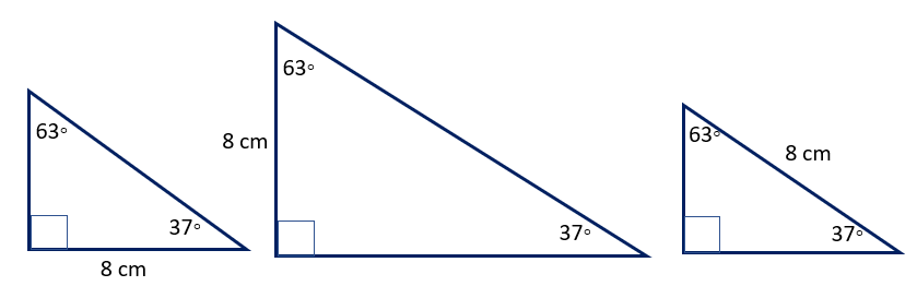 Three different triangles, all with one side measuring 8 cm in length.
