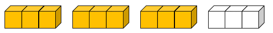 A model of 9 orange and 3 white cubes. The total model of 12 cubes is divided into 4 groups of 3 cubes, demonstrating a 9:3 (or 3:1) ratio.