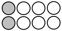 A set of eight circles. Two are shaded in.