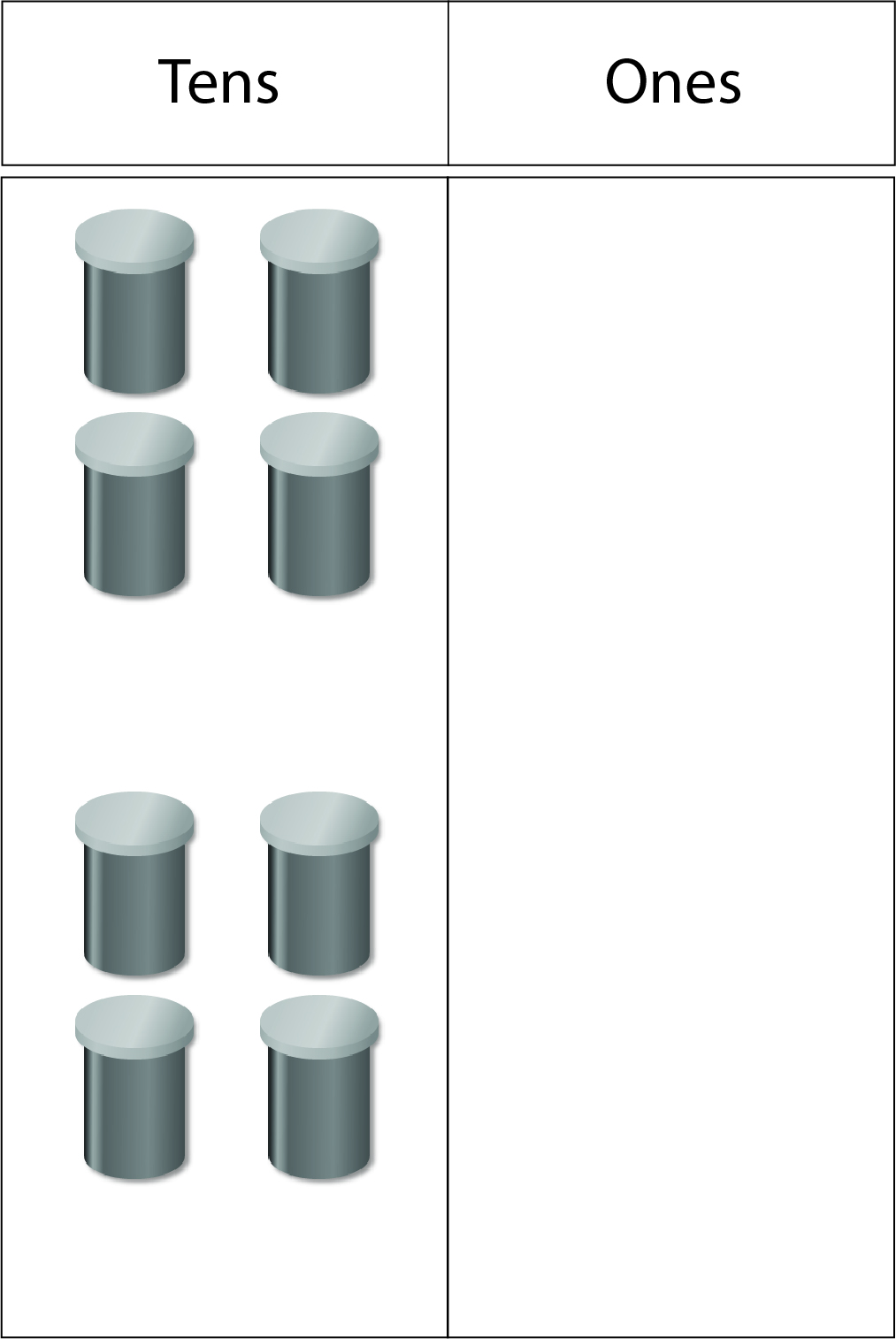 Image of a two-column place value board (tens and ones) displaying eight ten-bean canisters in the tens column. The canisters are organised into two groups of four.