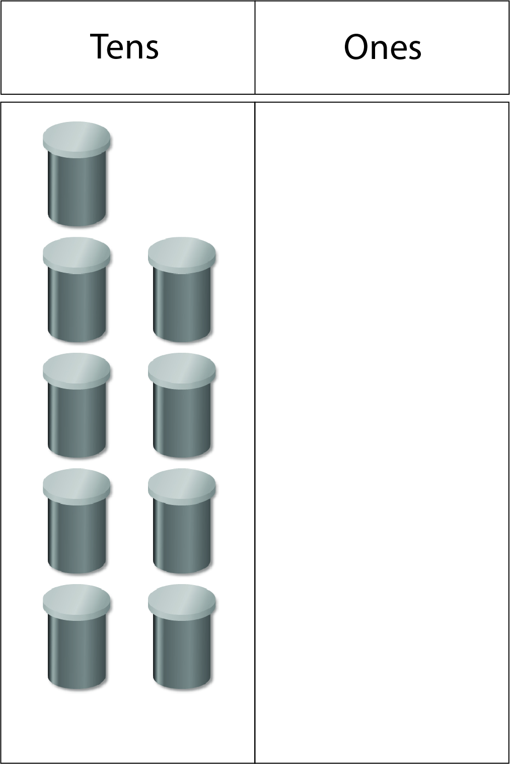 Image of nine ten-bean canisters organised in the tens column of a two column (tens and ones) place value board.