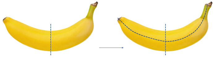 An image showing a banana partitioned by area into quarters.
