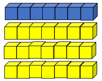 The 28 yellow and blue cubes organised into 4 rows of seven.